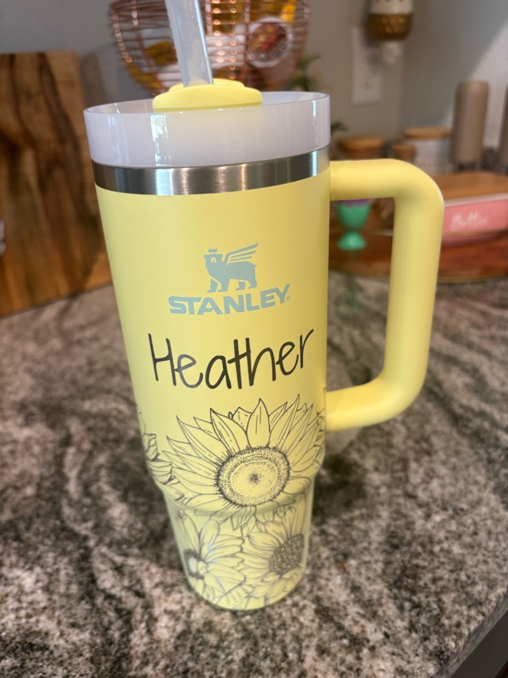 Stanley Yellow Insulated Tumbler with Sunflower and Name